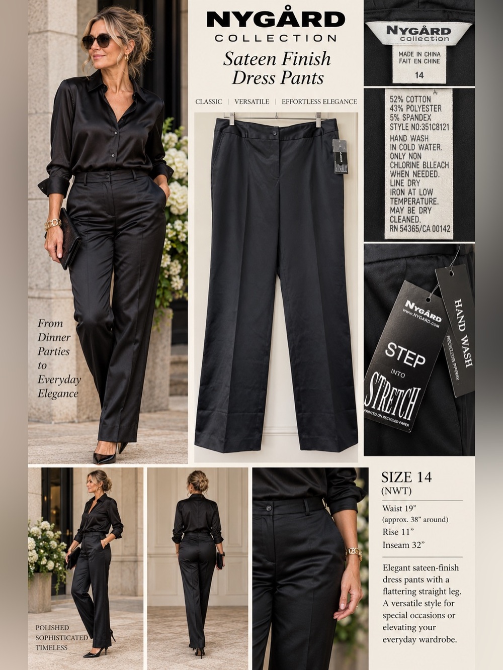 NWT NYGARD Collection Black Sateen Dress Pants Size 14